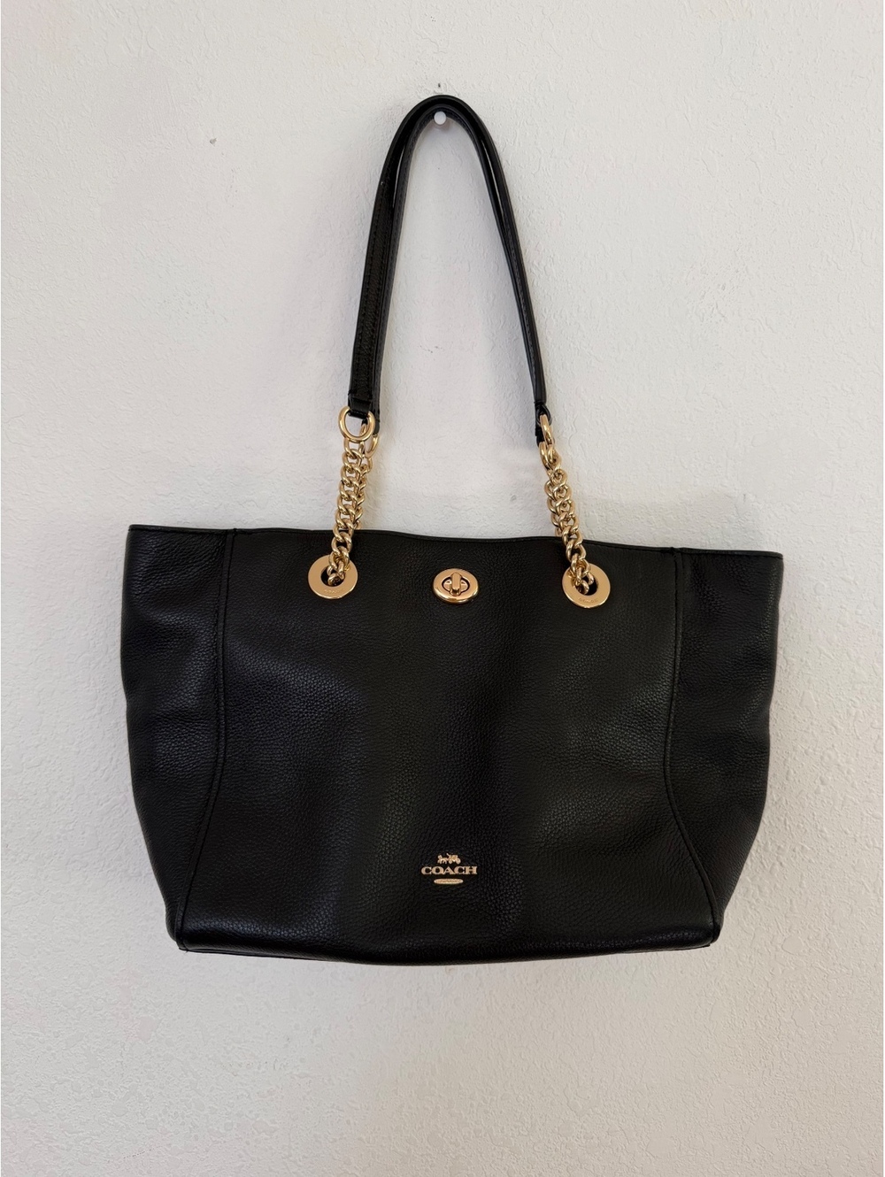 Coach Black Pebbled Leather Turnlock Tote Purse Gold Hardware Medium Bag
